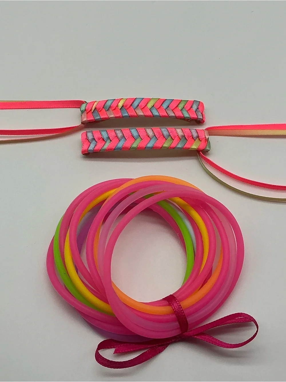 Neon Pink and Pastel Rainbow 80s Barrettes & 12 Jelly Bracelets